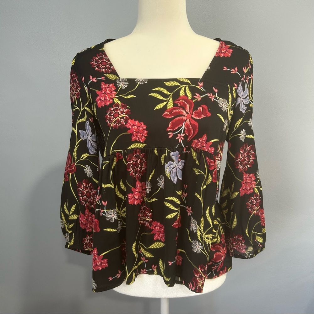 Left Coast Dolan babydoll top Black Floral Square neck womens Size Small boho - Picture 5 of 16